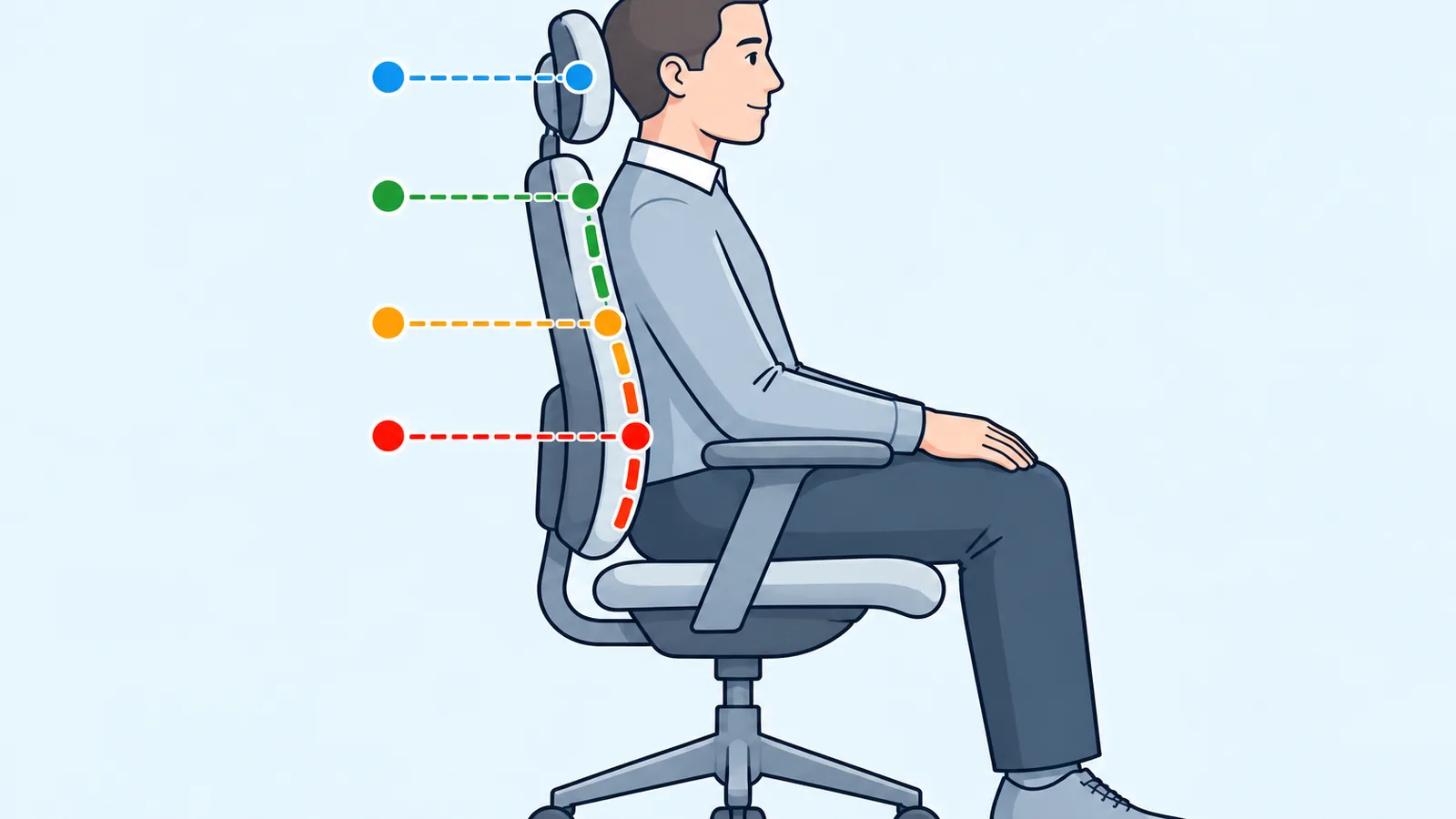 Illustration showing how an office chair backrest supports the lower back, upper back, shoulders, and head