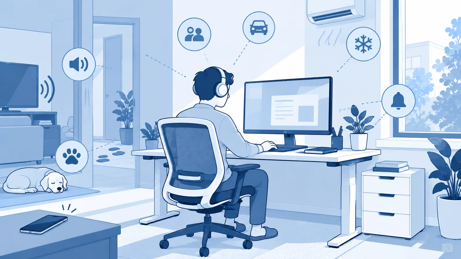 Blue and white home workspace designed to reduce common distractions such as noise, notifications, and household activity