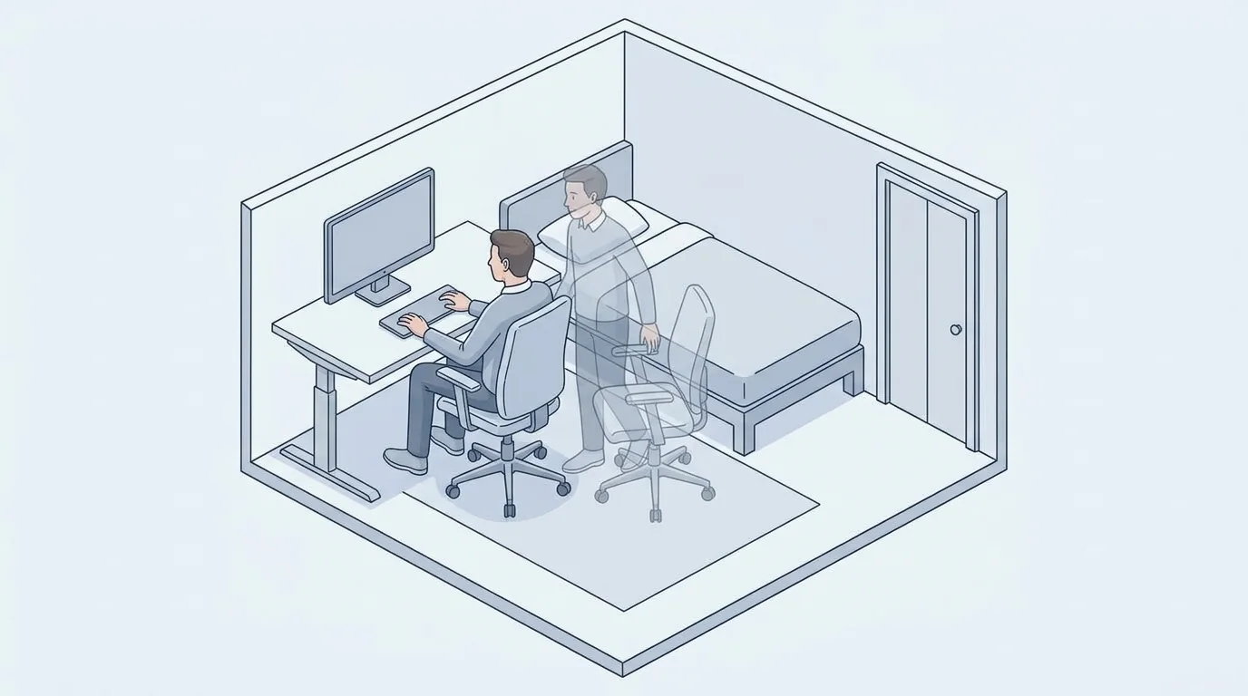 Illustration showing chair movement and clearance around a bedroom desk