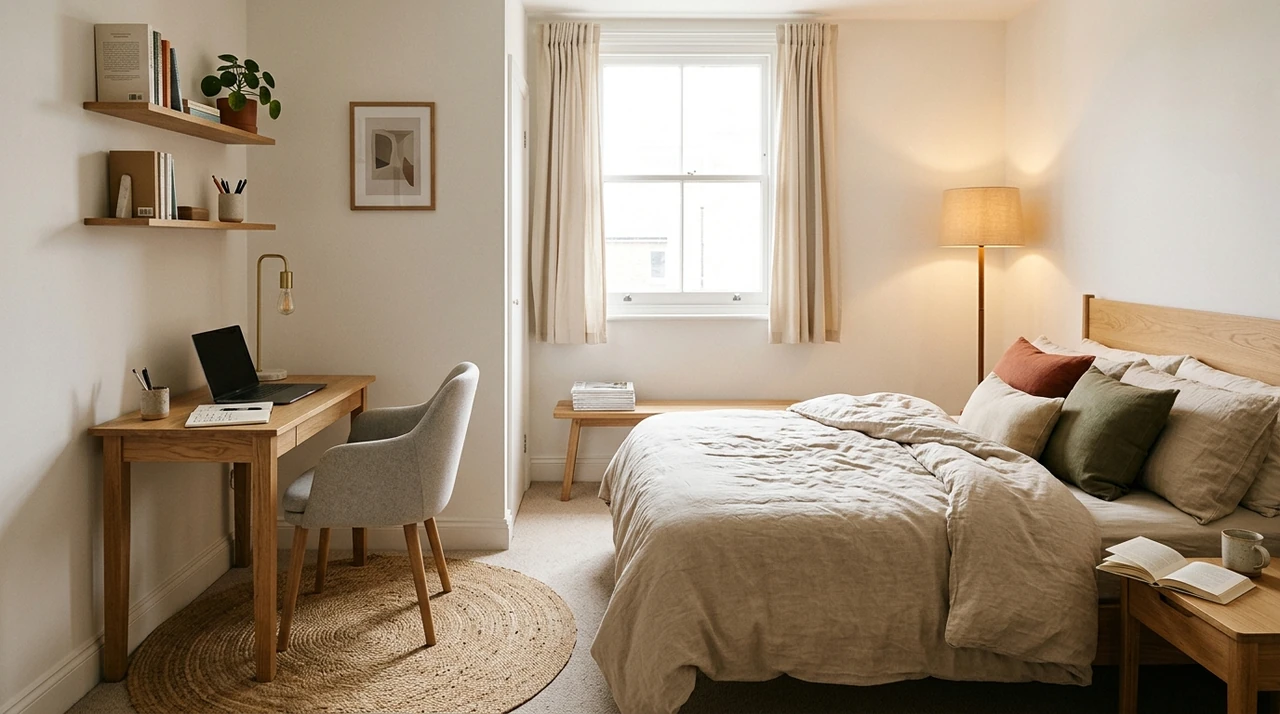 Bedroom with a separate workspace area featuring a desk, chair, and laptop