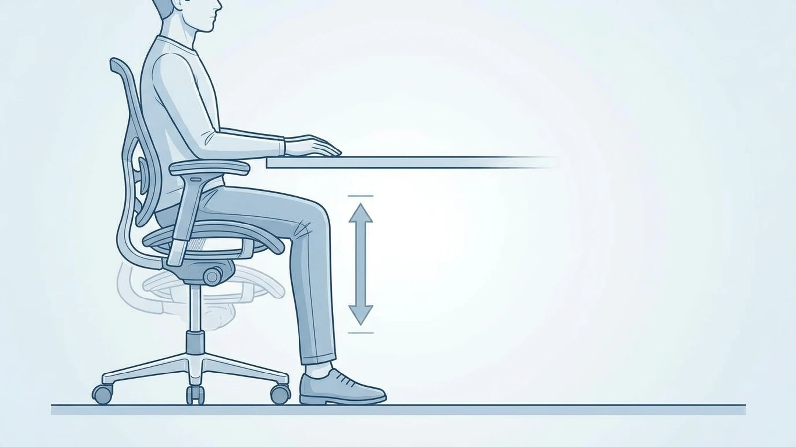 Person sitting in an office chair showing adjustable seat height at a desk