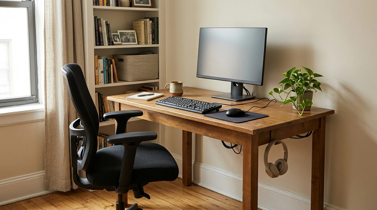 Small workspace with an ergonomic office chair, monitor, keyboard, and desk