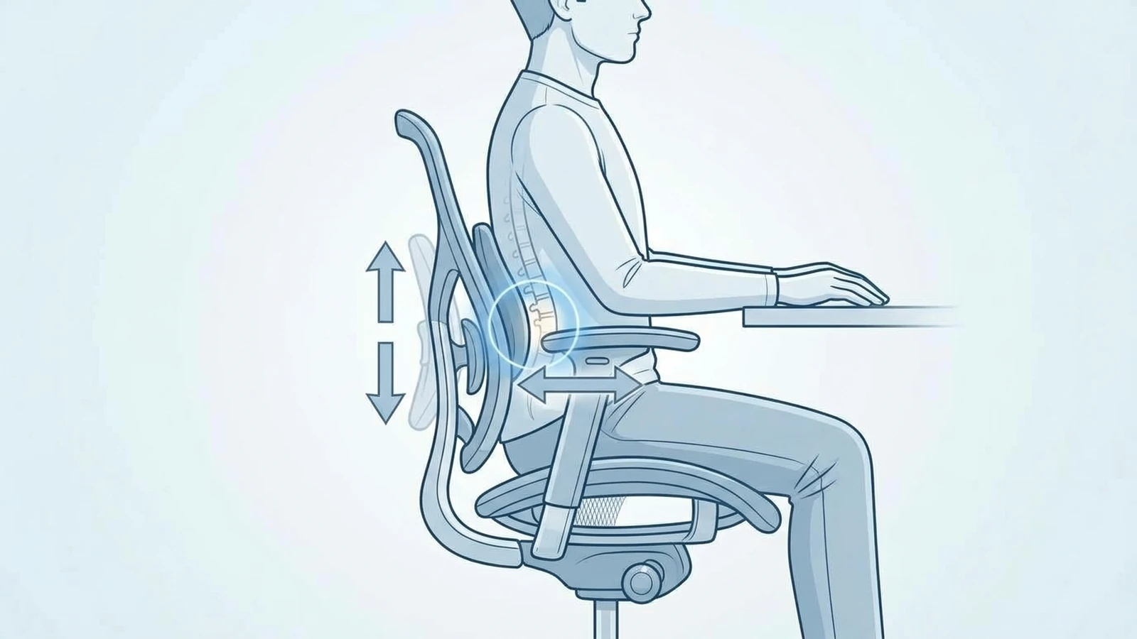 Person sitting in an office chair with adjustable lumbar support