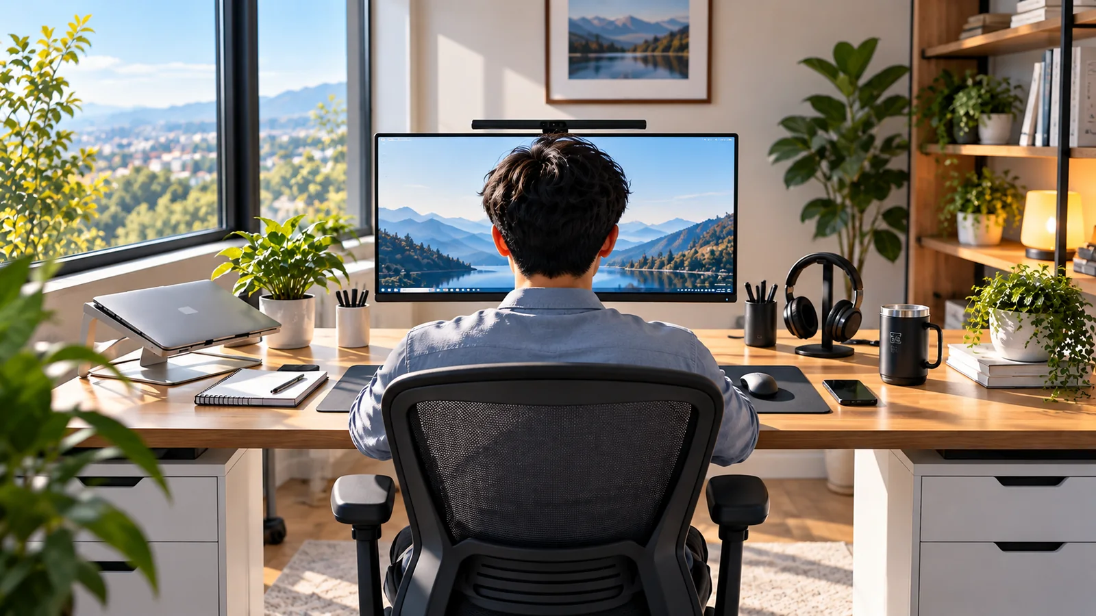 Focused home workspace with an ergonomic chair, monitor, laptop, plants, and natural light