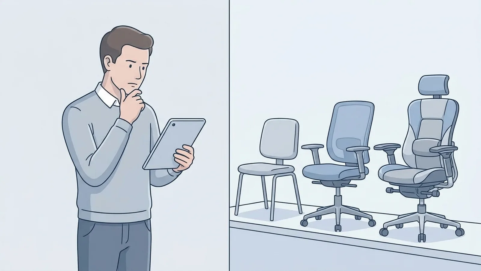 Person comparing different office chair options before buying